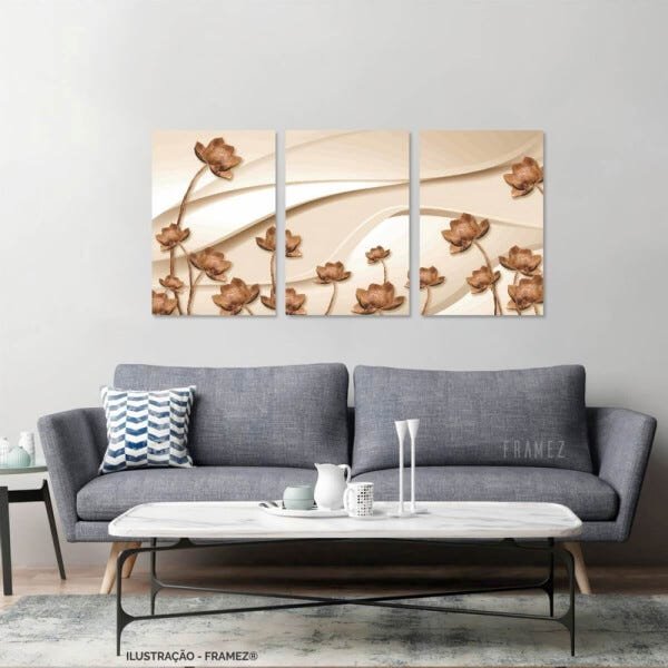 Conjunto Quadro Flores Abstrato Luxury Para Sala Quarto 3 Peças - 2