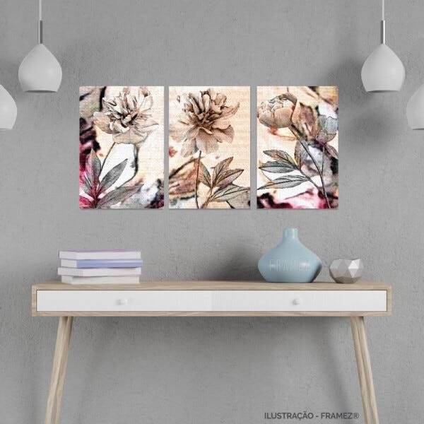 Kit Quadros Flores Peonias Marrom Flor Abstrata em Tecido - 1