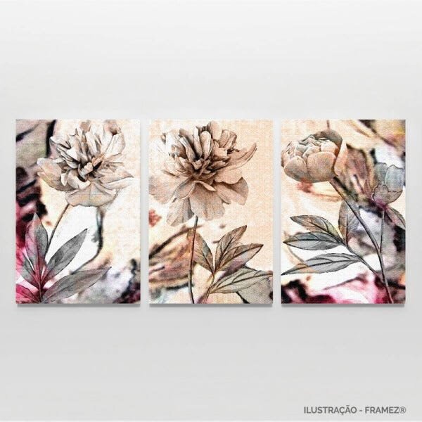 Kit Quadros Flores Peonias Marrom Flor Abstrata em Tecido - 4