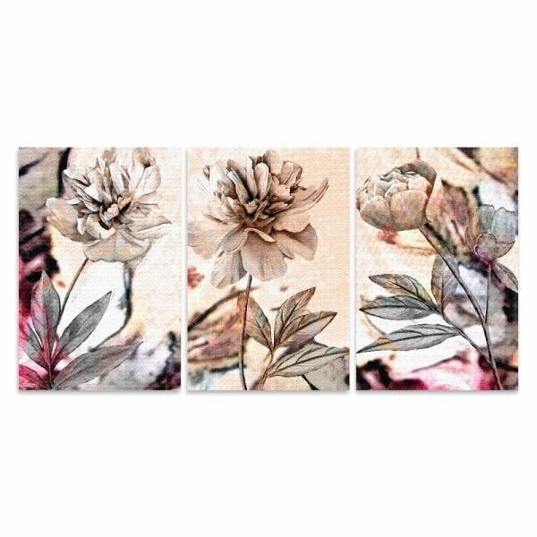 Kit Quadros Flores Peonias Marrom Flor Abstrata em Tecido - 3