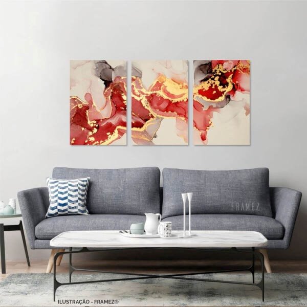 Quadro Abstrato Luxo Vermelho decorativo Sala Escritórios 3 Peças - 3