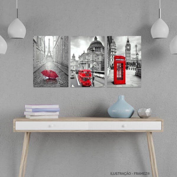 Kit Quadros Paris e Londres Detalhes Vermelhos Decor 90x45 - 1