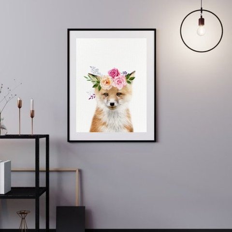 Quadro Raposinha Baby - Flores - 60x48 cm:madeira Preta