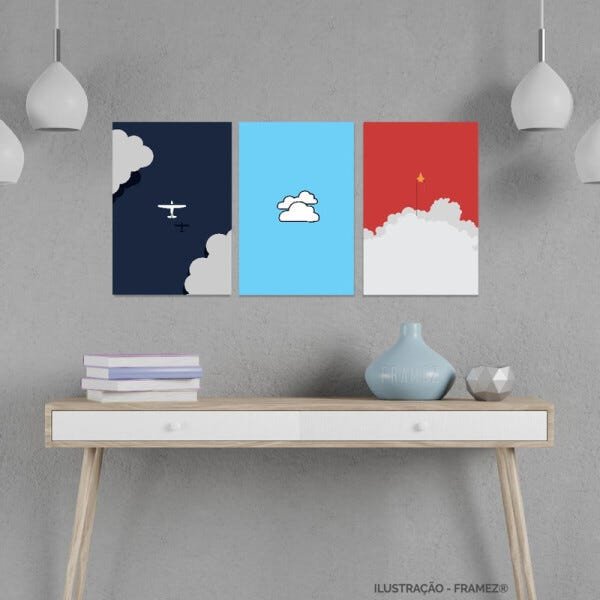 Kit 3 Quadros Infantil Para Quarto Avião Nuvens decorativo - 1
