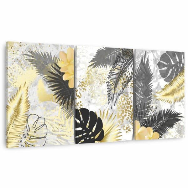Conjunto Quadros Folhas Tropicais Luxo Artístico Para Sala Quarto Escritórios - 1