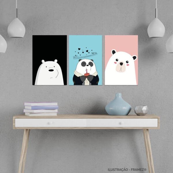 Kit Quadros Infantil decorativo Panda e Ursinho Para Quarto 90x45 - 1