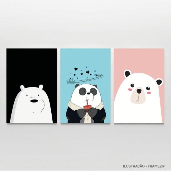 Kit Quadros Infantil decorativo Panda e Ursinho Para Quarto 90x45 - 4