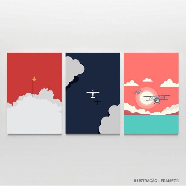 Kit 3 Quadros Para Quarto Avião Nuvens decorativo 90x45 - 4