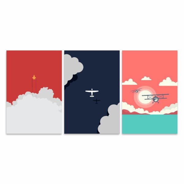 Kit 3 Quadros Para Quarto Avião Nuvens decorativo 90x45 - 3
