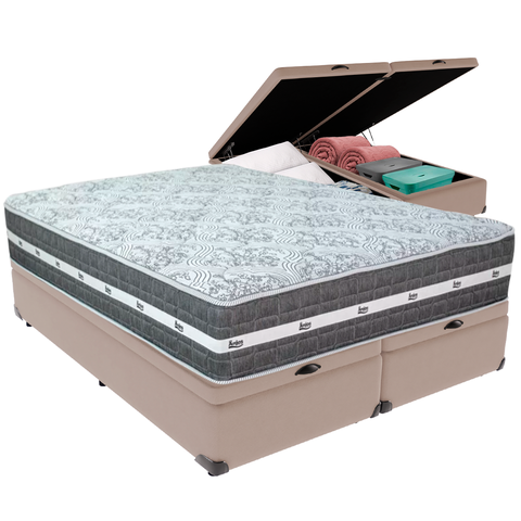 Cama Box Baú Bege e Colchão Black Graphite Molas Ensacadas Queen 158x198x27 Anjos