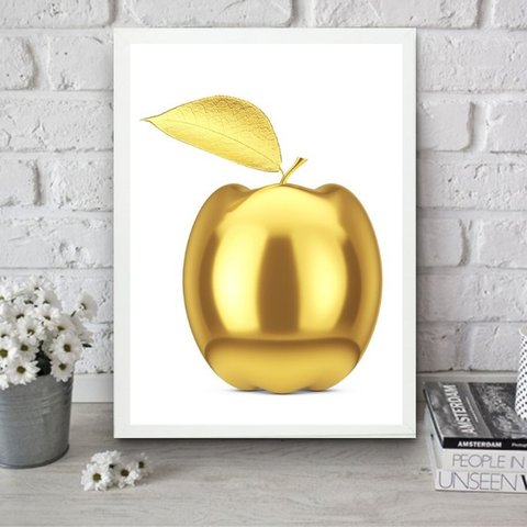 Quadro para Cozinha Maçã Dourada 45x34cm - com Vidro:moldura Branca