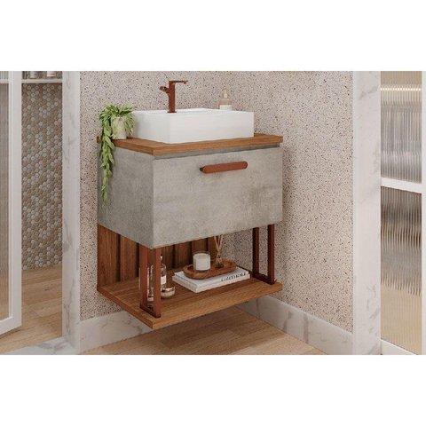Gabinete de Banheiro Balcão Duna 1 Porta C/cuba 60cm Cimento/freijo - Mgm