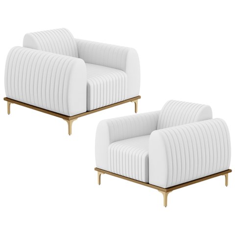 Kit 02 Poltronas Decorativas Base De Madeira e Pés D'Ouro Molino D02 Corano Branco C-12 - Lyam