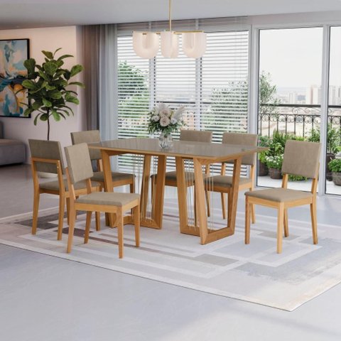 Conjunto Sala de Jantar Dora em Madeira Maciça 6 Cadeiras Linho Fendi