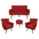 Ver imagem 1 de Kit Namoradeira + 2 Poltronas Decorativa Aurora + Puff Redondo Suede Vermelho Pés Madeira Mz Decor