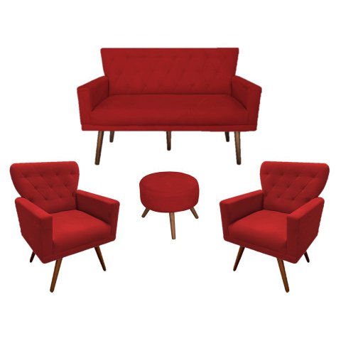 Kit Namoradeira + 2 Poltronas Decorativa Aurora + Puff Redondo Suede Vermelho Pés Madeira Mz Decor