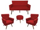 Ver imagem 1 de Kit Namoradeira + 2 Poltronas Decorativa Aurora + Puff Redondo Suede Vermelho Pés Madeira Mz Decor