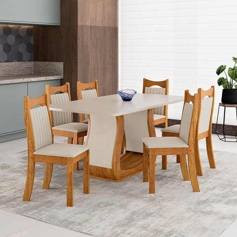 Conjunto Sala de Jantar 6 Lugares Genebra em MDF Mel e Bege