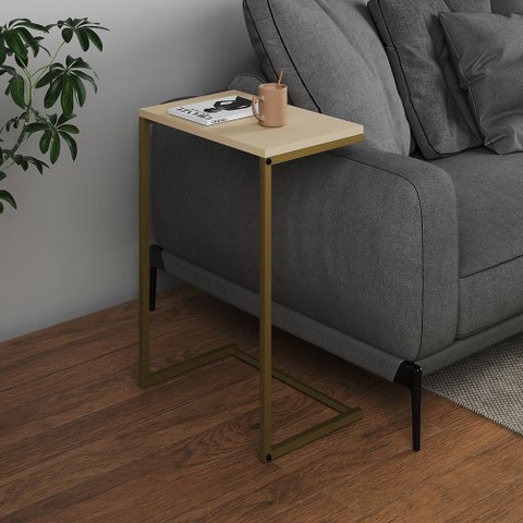 Mesa Lateral de Apoio Industrial Sofá Charmme Ferro Dourado e Tampo Off-white