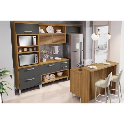 Cozinha Modulada Completa Princesa 5 Peças 1 Aéreo + 2 Balcões + 1 Paneleiro+1ilha C6p61 Freijó