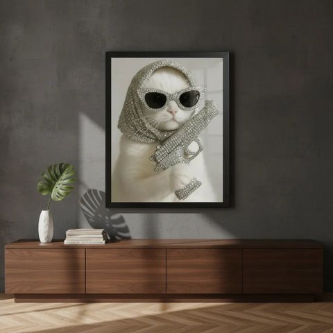 Quadro Decorativo Gato Estiloso com Brilhos com Vidro Preto