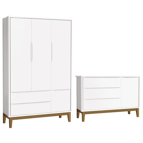 Jogo de Quarto Infantil Guarda Roupa 3 Portas e Cômoda 1 Porta Classic Branco Fosco com Pés Amadeira