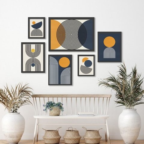 Composição 6 Quadros Abstratos Minimalistas Azul e Mostarda - com Vidro:madeira Preta