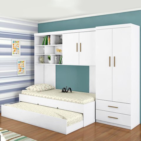 Quarto Modulado Helen com Roupeiro 2 Portas, Módulo Aéreo, Cama e Auxiliar Branco - Phoenix Baby