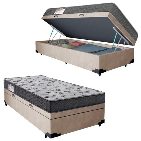 Cama Box Solteiro Suede + Colchão de Molas Ensacadas - Sereneprime - 88x188x58cm Cor:bege