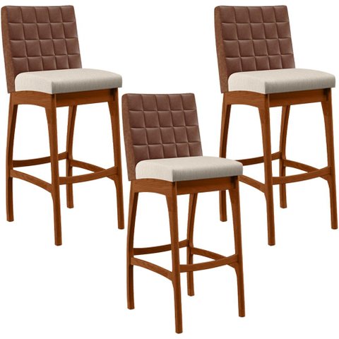 Kit 03 Banquetas Altas Cozinha Sala De Jantar Fixa Mila B04 Couríssimo Marrom Linho Cru - Lyam
