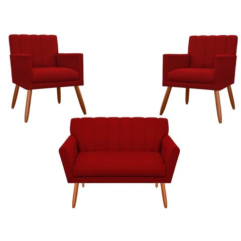 Kit Namoradeira + 2 Poltronas Decorativa Cecília Couro Vermelho Pés Madeira Ms Decor