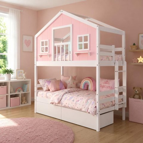 Beliche Infantil Casinha Dos Sonhos com Varanda 2 Gavetas Madeira Maciça Rosa e Branco