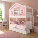 Ver imagem 1 de Beliche Infantil Casinha Dos Sonhos com Varanda 2 Gavetas Madeira Maciça Rosa e Branco