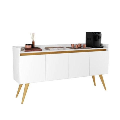 Aparador Buffet Sala Gold 4 Portas com Pés de Madeira Maciça Branco Mel