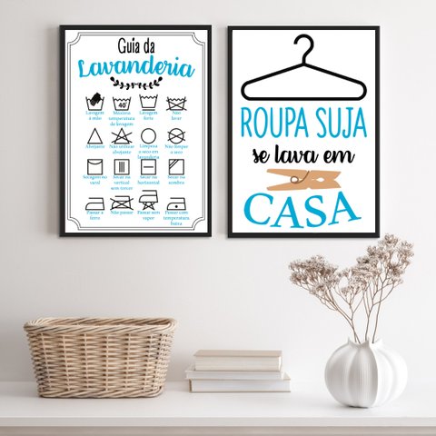 Kit 2 Quadros Lavanderia Soft - Azul 33x24cm:madeira Branca
