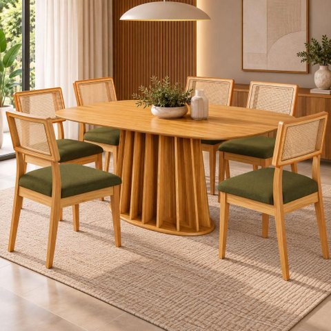 Kit Mesa de Jantar Orgânica Ripada 6 Lugares Tampo em MDF com Cadeiras Estofadas 160cm Dalla Costa