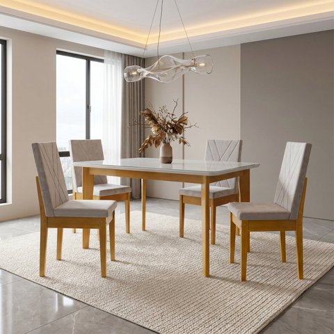 Mesa de Jantar com Kit 4 Cadeiras Madeira Maciça Siera/Dakota Cerejeira/Bege Claro