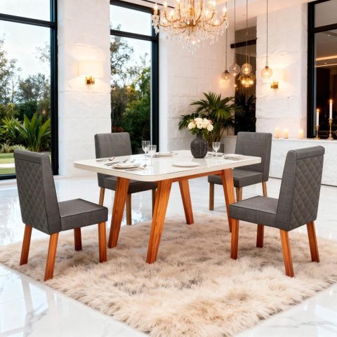 Sala de Jantar 130x90 Mavie Mdf/vidro Off 4 Cad Linho Chumbo