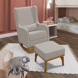 Poltrona Amamentação Aquila Balanço Retrô com Puff Linho Bege Ideal Moveis - 1