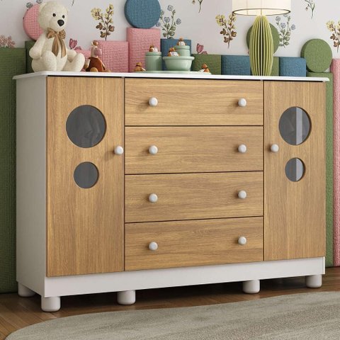 Cômoda Infantil 125cm 2 Portas com Vidro e 4 Gavetas Bombom Multimóveis Mp4465 Branco/madeirado