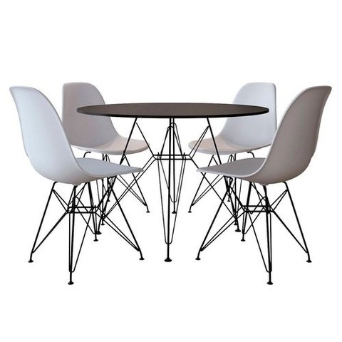 Conjunto Jantar Eames De Ferro Preto Tampo Redondo 110cm Preto 4 Cadeiras Brancas