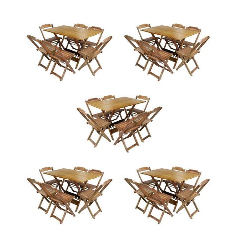 Kit 5 Conjuntos De Mesa Dobravel Com 6 Cadeiras De Madeira 120X70 Para Restaurante E Bar - Mel