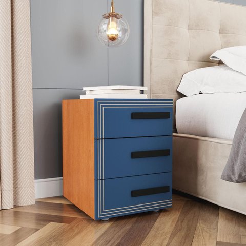 Mesa de Cabeceira Valência com 3 Gavetas 40x54cm Azul/Freijó 250691