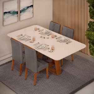Conjunto de Sala de Jantar 4 Cadeiras Tampo sem Vidro 170x90 Cm Dj Móveis Kiara Freijó Yasmin Lunar