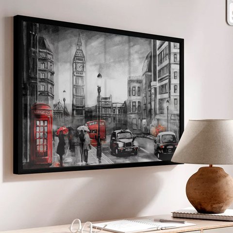 Quadro Decorativo Cidade Londres - Big Bem Preto, Branco e Vermelho em Moldura Caixa Tacolado Moldur