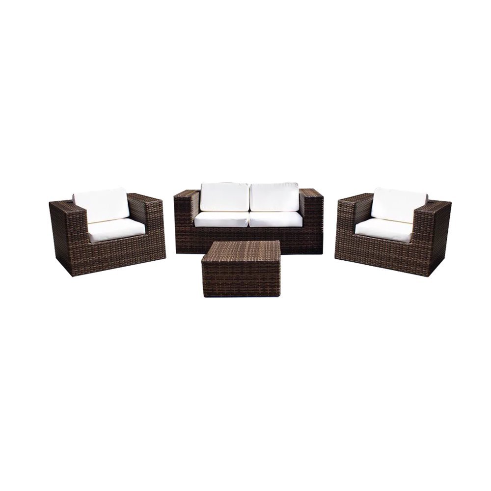 Conjunto Sofá Namoradeira 2 Lugares + 2 Poltronas + Mesa Centro em Aço e Junco Copacabana - Argila