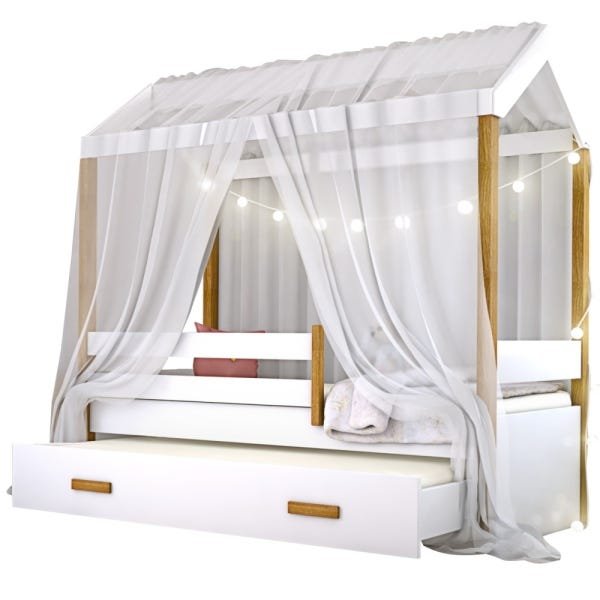 Bicama Montessori Exclusiv Solteiro Fio de Luz e Voal Branco