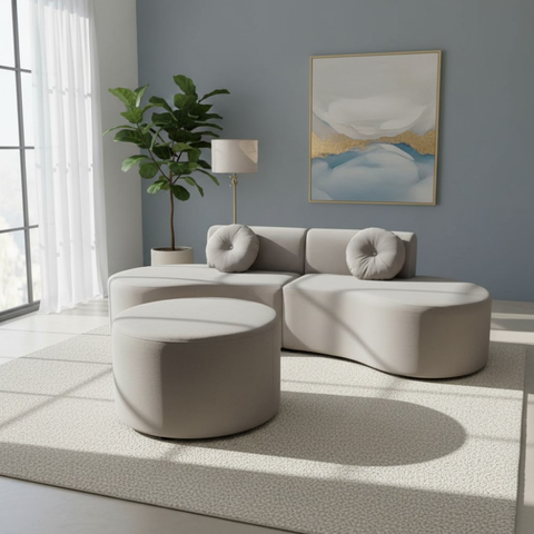 Sofá Modular Orgânico Monterrey 260cm + Puff Bouclé Cinza Claro