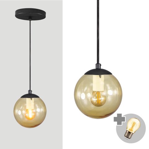 Pendente Preto C/ Globo de Vidro Âmbar de 14cm + Led 2w