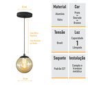 Ver imagem 4 de Pendente Preto C/ Globo de Vidro Âmbar de 14cm + Led 2w